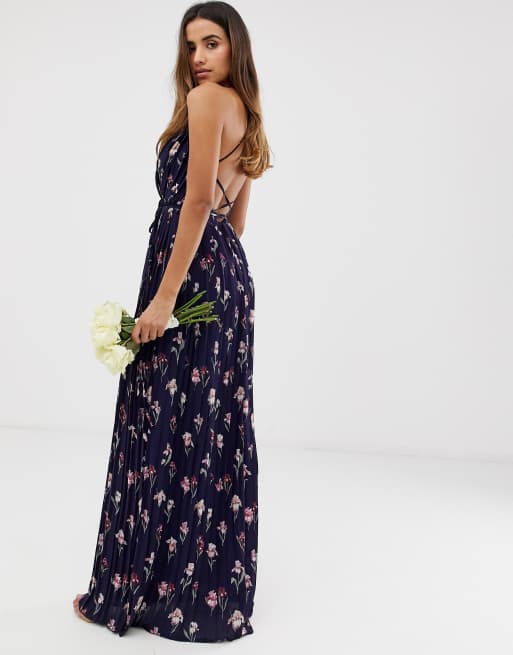 Missguided - Vestito lungo a pieghe con scollo profondo e spalline sottili blu navy a fiori, 2 di 4