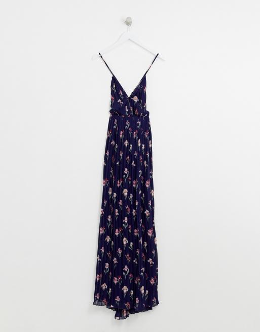 Missguided - Vestito lungo a pieghe con scollo profondo e spalline sottili blu navy a fiori, 3 di 4