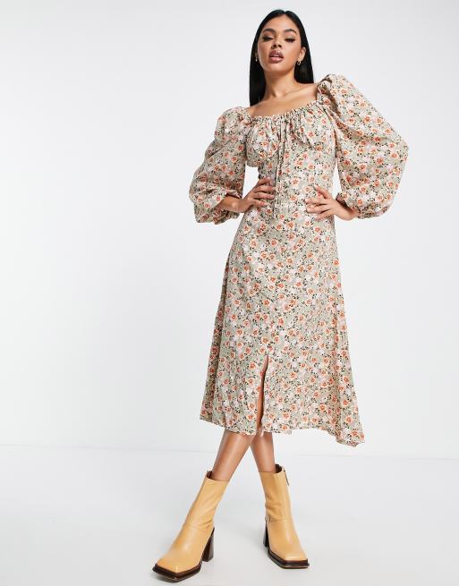 Missguided - Vestito lungo multicolore a fiori con maniche a palloncino