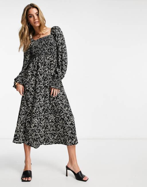 Missguided - Vestito midi a maniche lunghe con corpino arricciato nero a fiorellini, 4 di 4