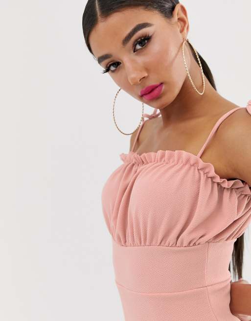 Missguided - Vestito midi rosa a fascia con spalline da annodare, 3 di 4