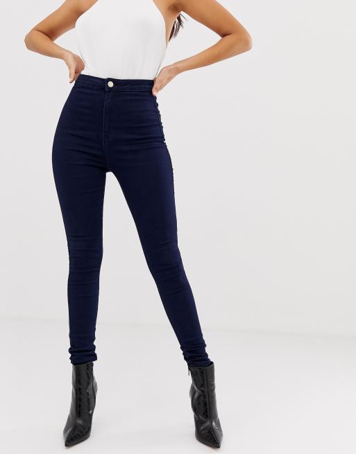 Missguided – Vice – Marinblå skinny jeans med hög midja och superstretch