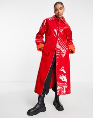 Missguided vinyl formal coat with faux fur cuff in red