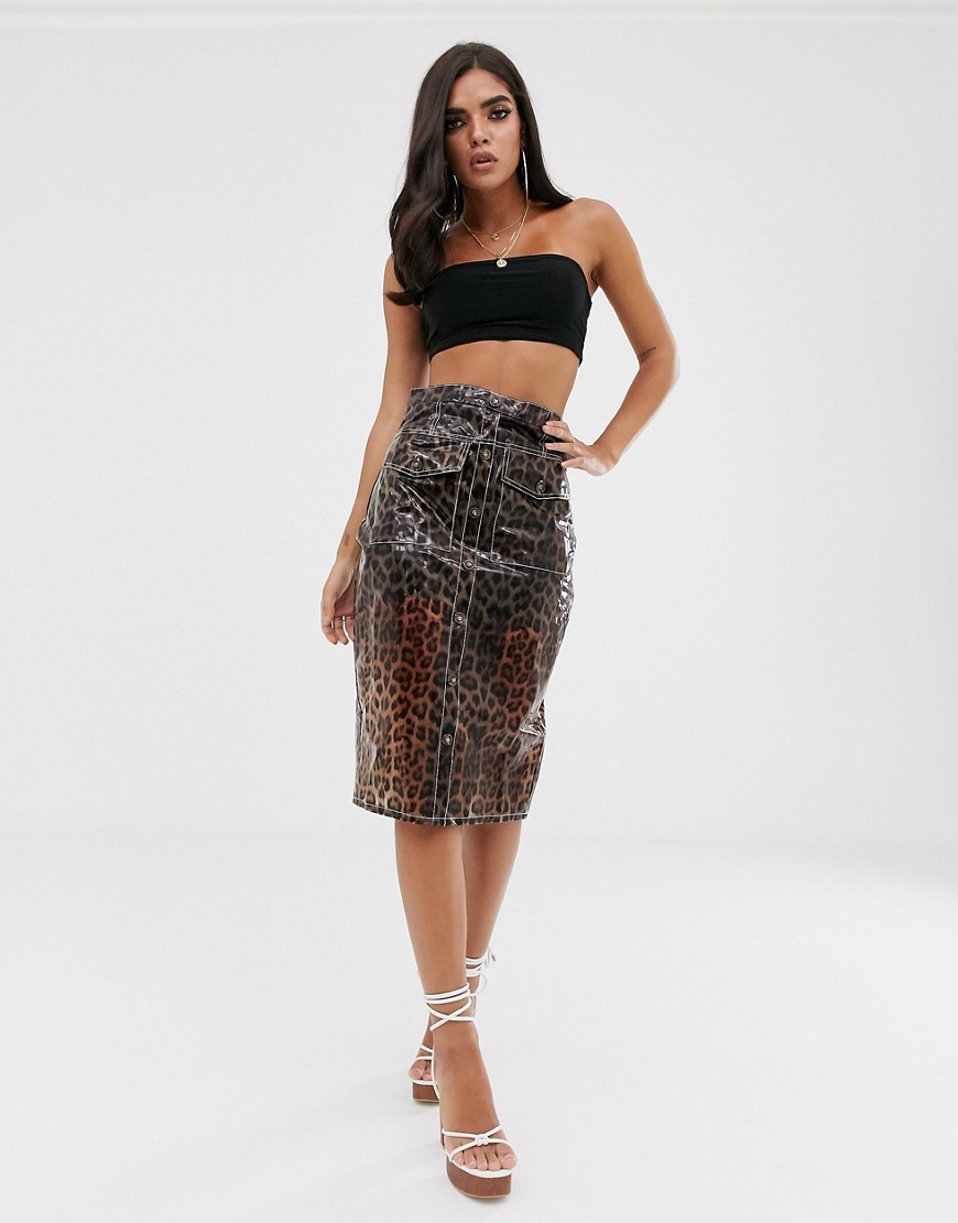 Missguided vinyl midi skirt in animal print-Multi