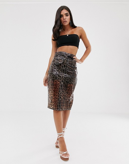 Missguided vinyl midi skirt in animal print