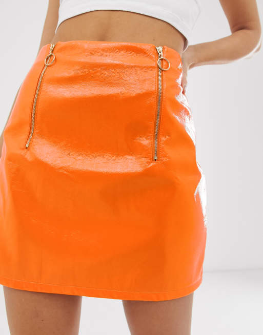 Missguided orange shop vinyl skirt