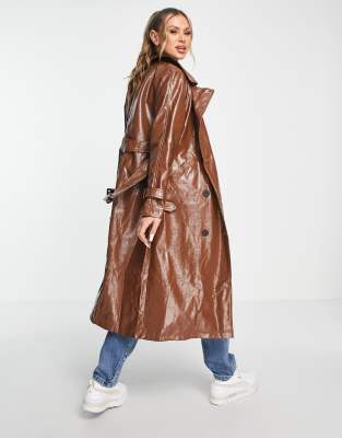 Missguided vinyl trench coat in brown