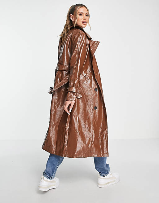 Missguided vinyl trench coat in brown