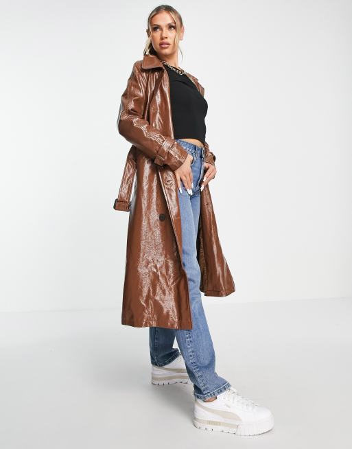 Missguided vinyl trench coat in brown