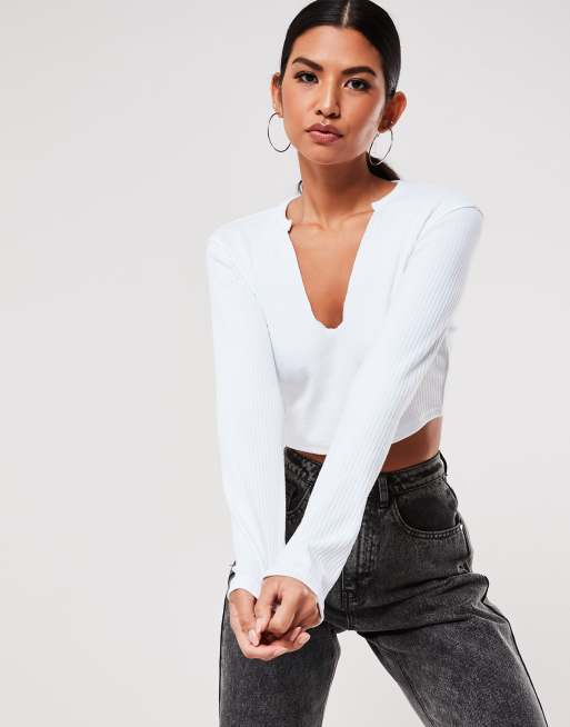 Missguided – Vit ribbad crop top med skårad krage, 3 av 4