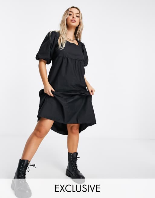Missguided – Wadenlanges Hängerkleid mit Puffärmeln in Schwarz