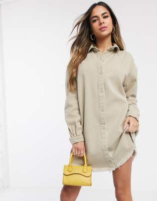 Missguided washed denim shirt dress with raw hem in stone-Neutral