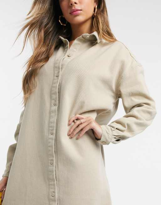 Beige Oversized Denim Shirt Dress, Denim