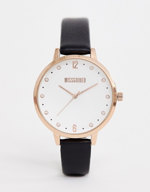 Missguided watch in black with white satin dial
