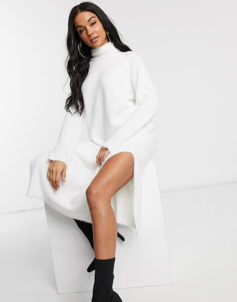 Missguided – Weißes Midaxi-Strickkleid mit Rollkragen