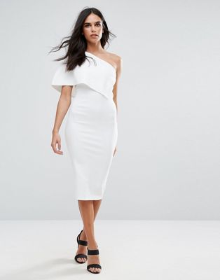 one shoulder white dress midi