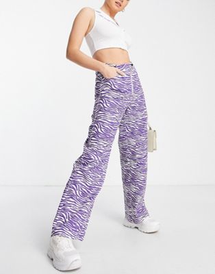 Missguided wide leg trouser in lilac zebra print