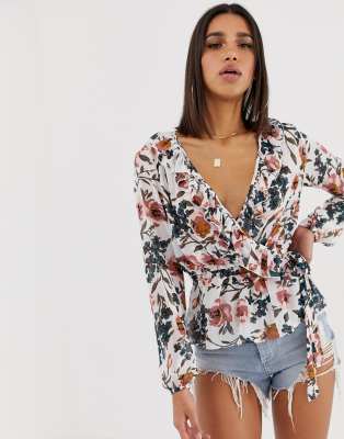 Missguided wrap blouse with long sleeves in white floral-Multi