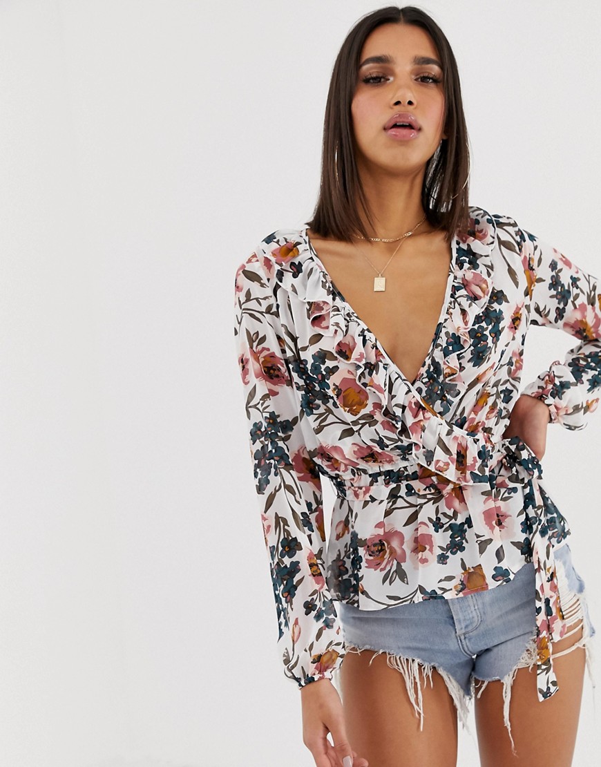 Missguided wrap blouse with long sleeves in white floral-Multi