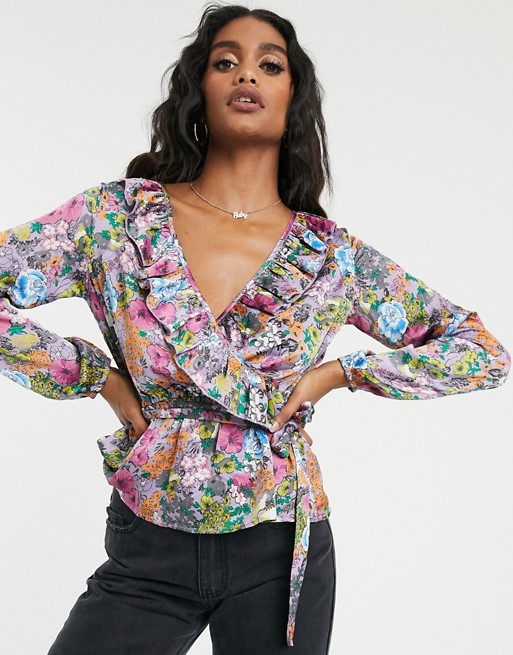Missguided wrap blouse with ruffle trim in pink floral