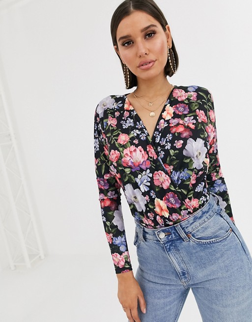 Missguided wrap bodysuit in floral print