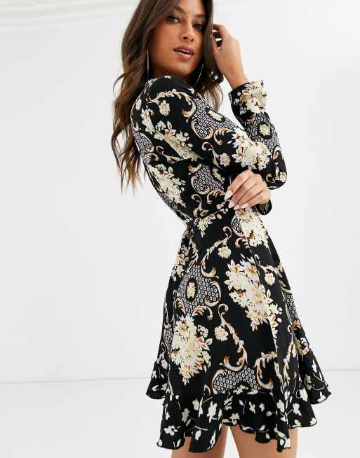 Missguided wrap dress with frill detail in mono paisley print, 2 of 4