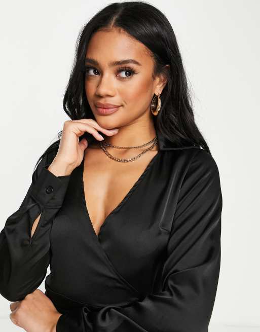 Black satin wrap dress deals missguided