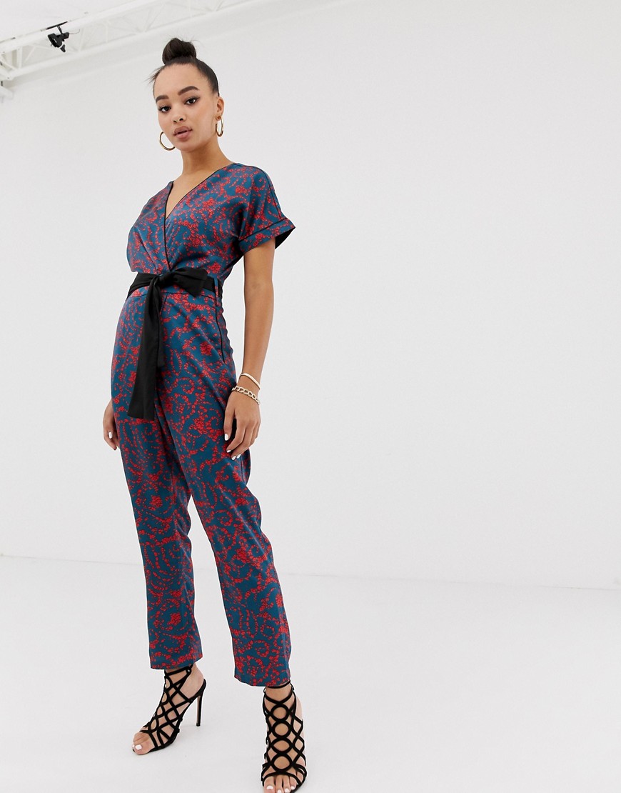 Missguided wrap front jumpsuit with tie in blue floral-Multi