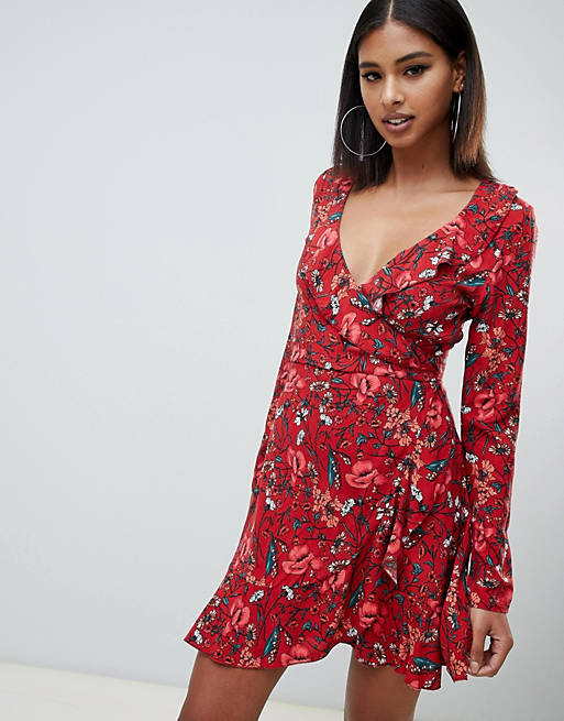 Missguided wrap front mini tea dress in rust floral