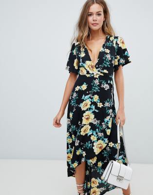 black floral midi wrap dress