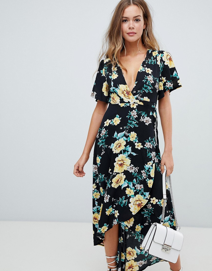 Missguided wrap high low midi dress in black floral