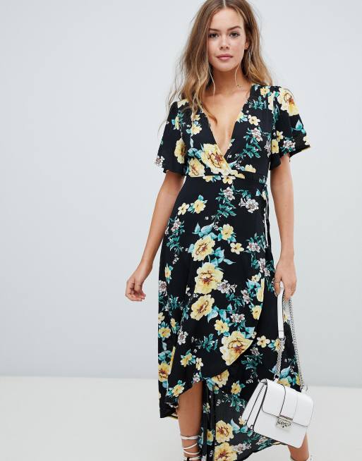 Missguided wrap high low midi dress in black floral | ASOS