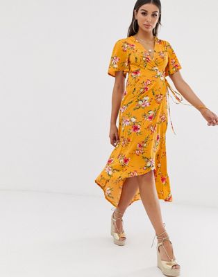Missguided wrap midi dress in yellow ...