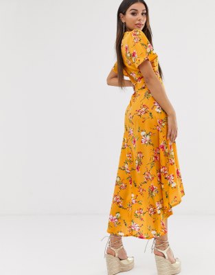 yellow wrap midi dress