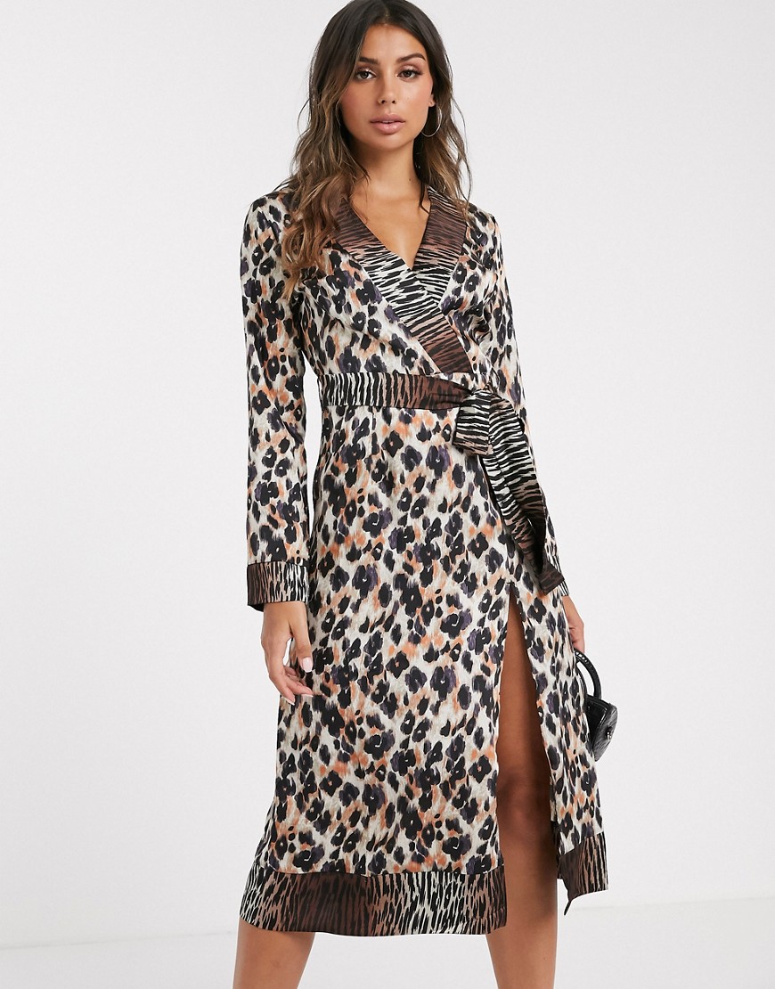 Missguided wrap midi dress with belted waist in animal print-Multi
