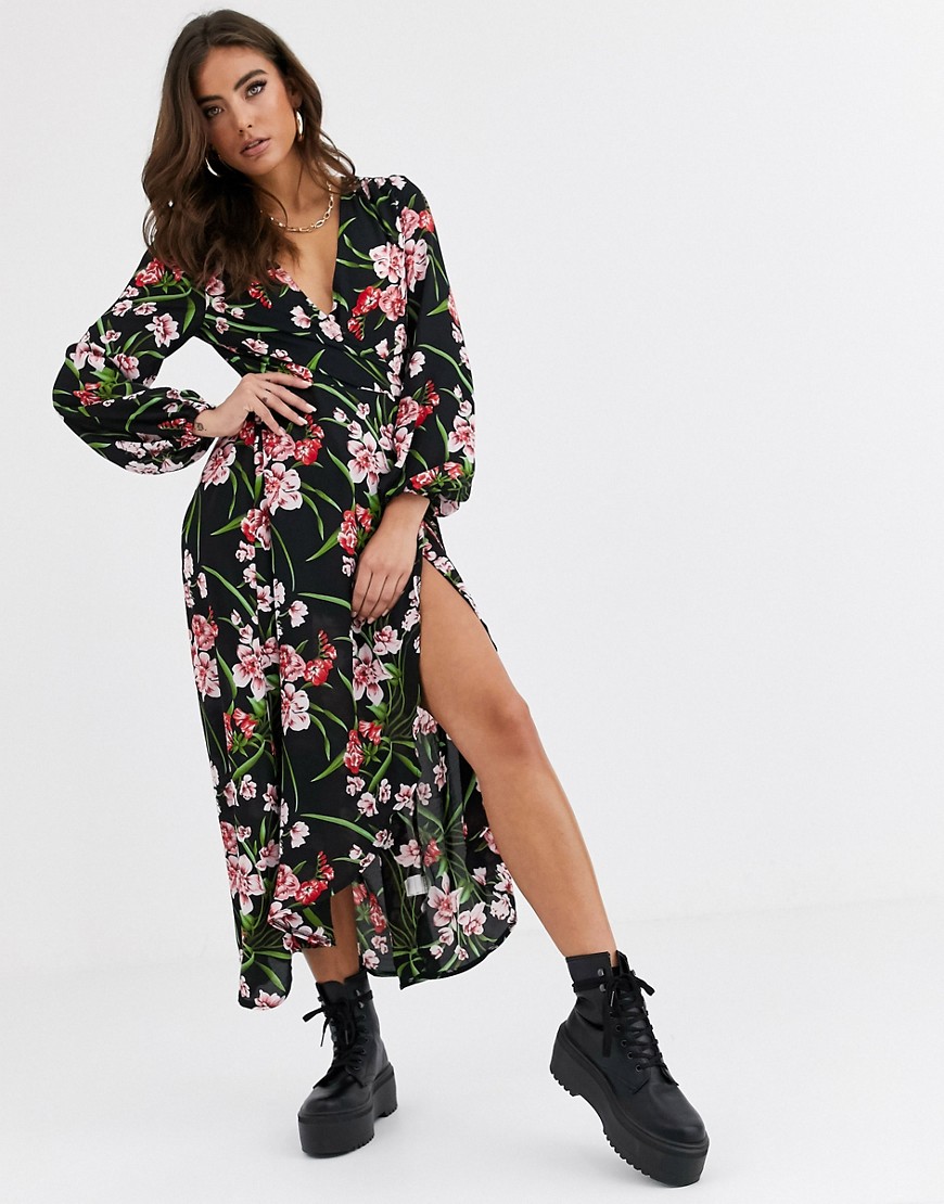 Missguided wrap midi dress with thigh split in floral print-Multi