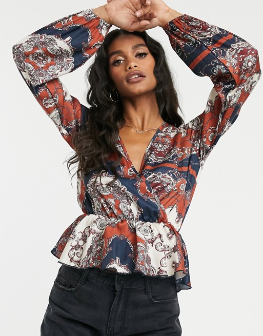 Missguided wrap peplum top in scarf print