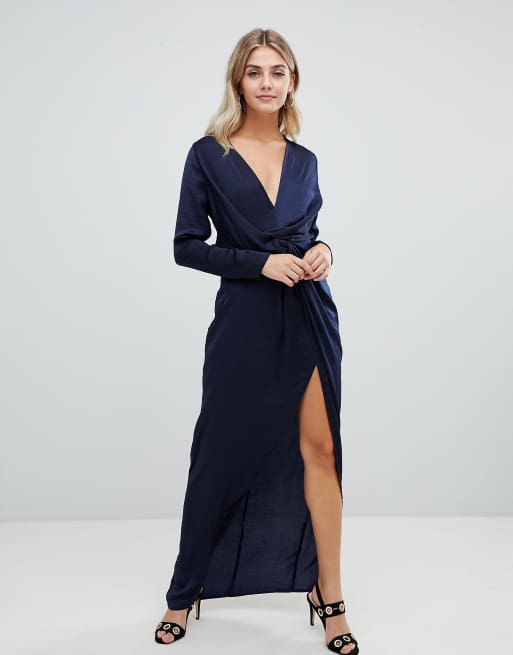 Missguided Wrap Satin Side Split Maxi Dress In Navy Asos