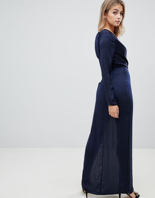 Missguided wrap satin side split maxi dress in navy