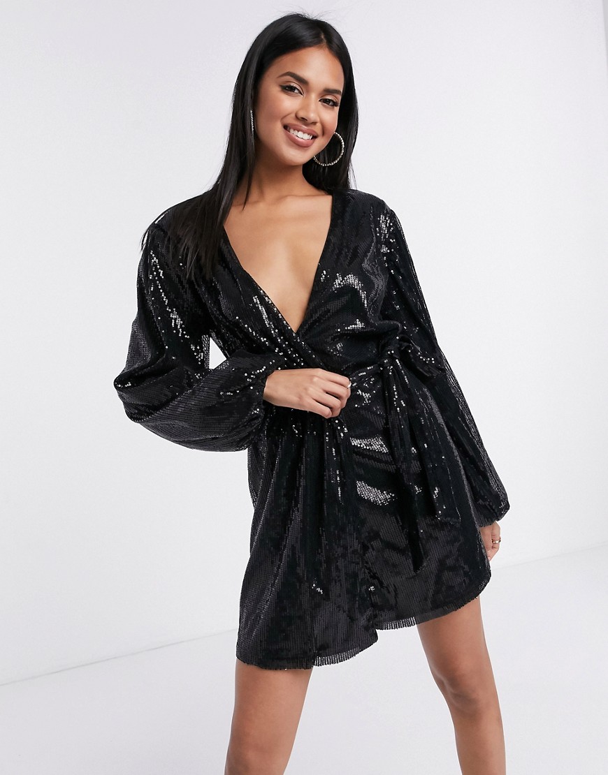 Missguided wrap sequin balloon sleeve dress in black