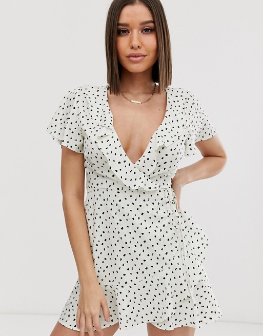 Missguided wrap tea dress with frill in polka dot