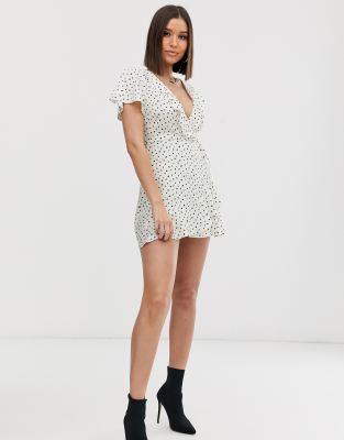 polka dot wrap front ruffle tea dress