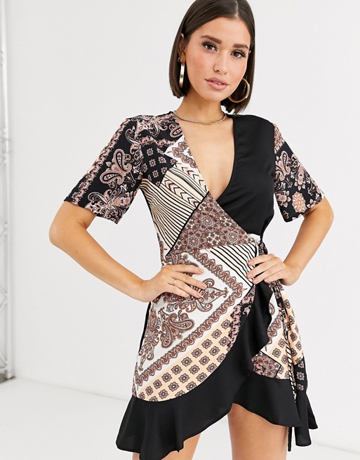 Missguided wrap tea dress with ruffle in mixed scarf print