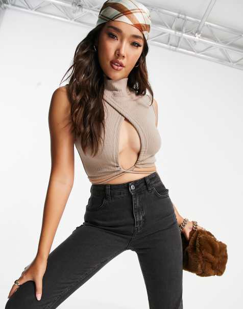 Missguided wrap top with tie detail in taupe - view 1