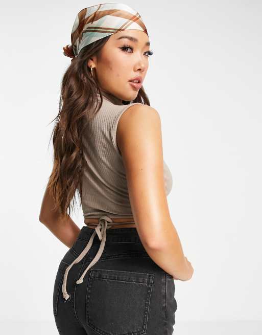 Missguided wrap top with tie detail in taupe ASOS