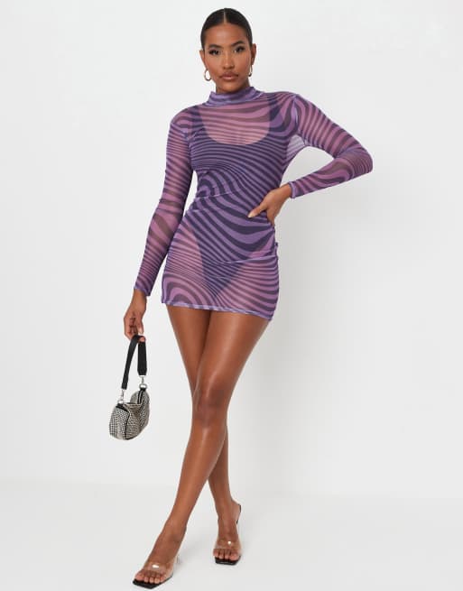 Missguided X Carli Bybel mesh high neck mini dress with long sleeve in  purple swirl print