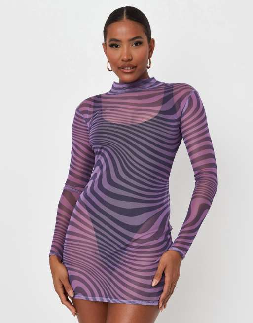 Missguided X Carli Bybel mesh high neck mini dress with long sleeve in  purple swirl print