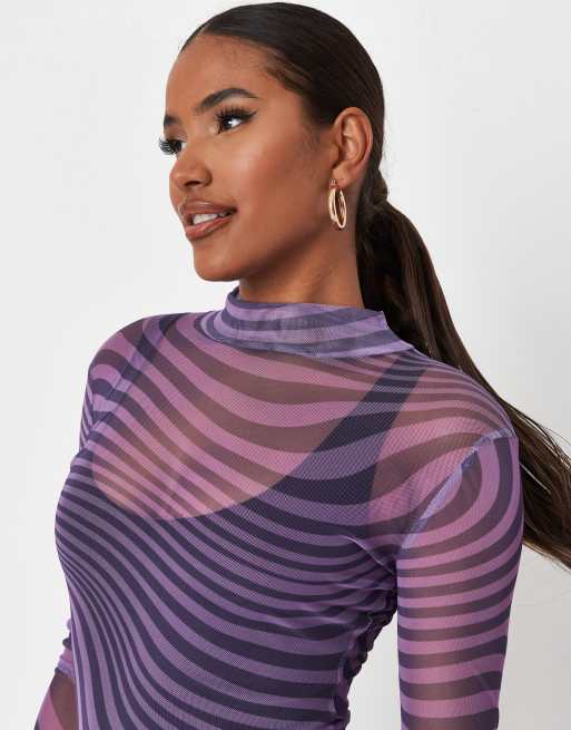 Missguided X Carli Bybel mesh high neck mini dress with long sleeve in  purple swirl print