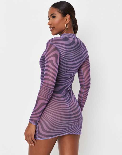 Missguided X Carli Bybel mesh high neck mini dress with long sleeve in  purple swirl print