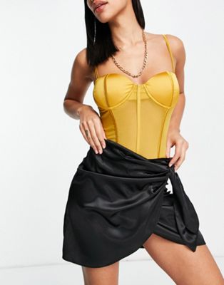 Missguided x Carli Bybel mesh satin mix corset body in chartreuse